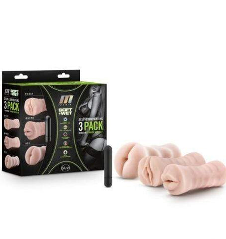 Blush Novelties Masturbator M for Men 3-Pack Self-Lubricating Vibrating Masturbation Sleeve Kit - Vanilla