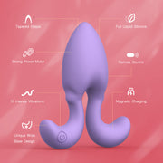 Purple silicone Dorace anal vibrator with tapered tip, flared base, and remote control features.