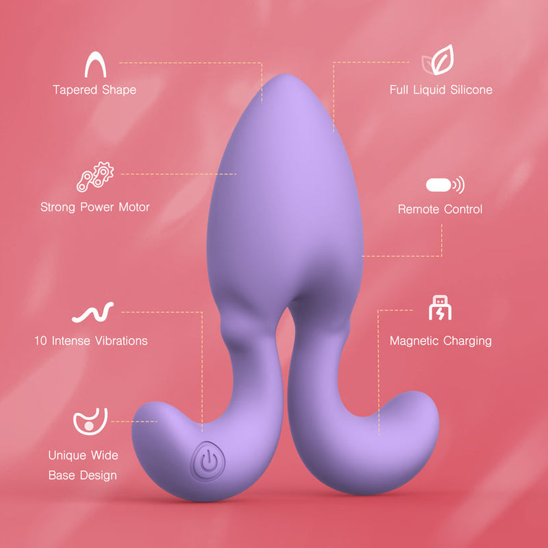 Purple silicone Dorace anal vibrator with tapered tip, flared base, and remote control features.