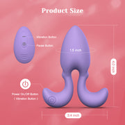 Purple silicone anal vibrator with remote control, tapered tip, flared base, and size dimensions.