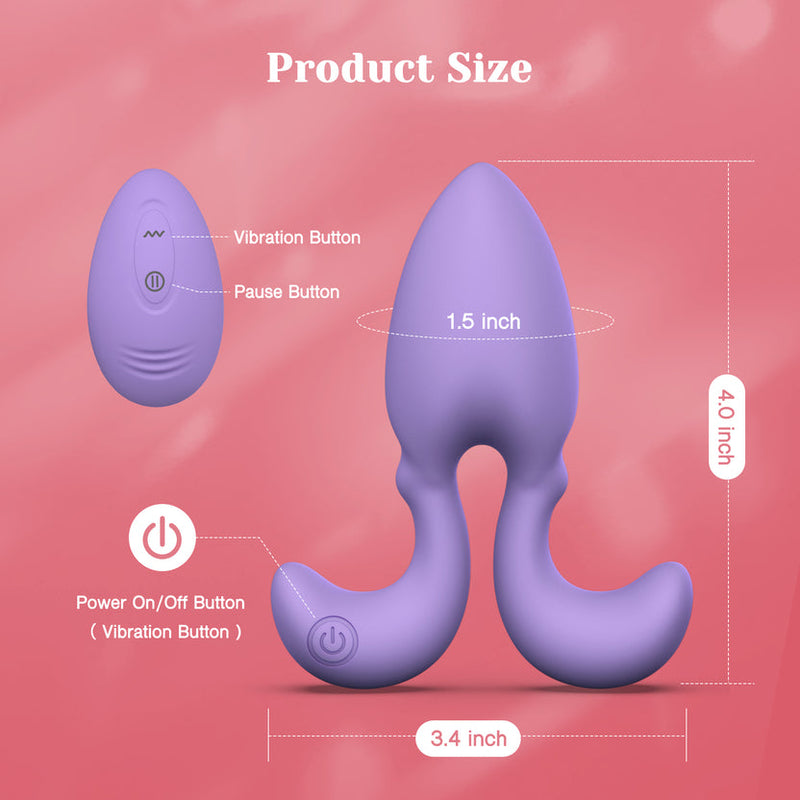 Purple silicone anal vibrator with remote control, tapered tip, flared base, and size dimensions.