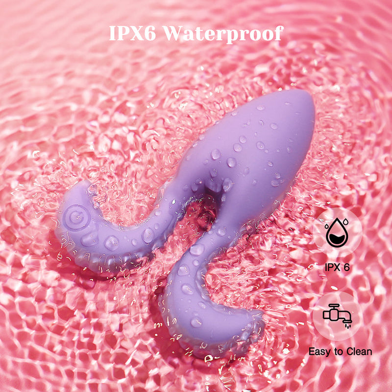 Purple silicone Dorace anal vibrator with remote control, wet in pink water, highlighting IPX6 waterproof.