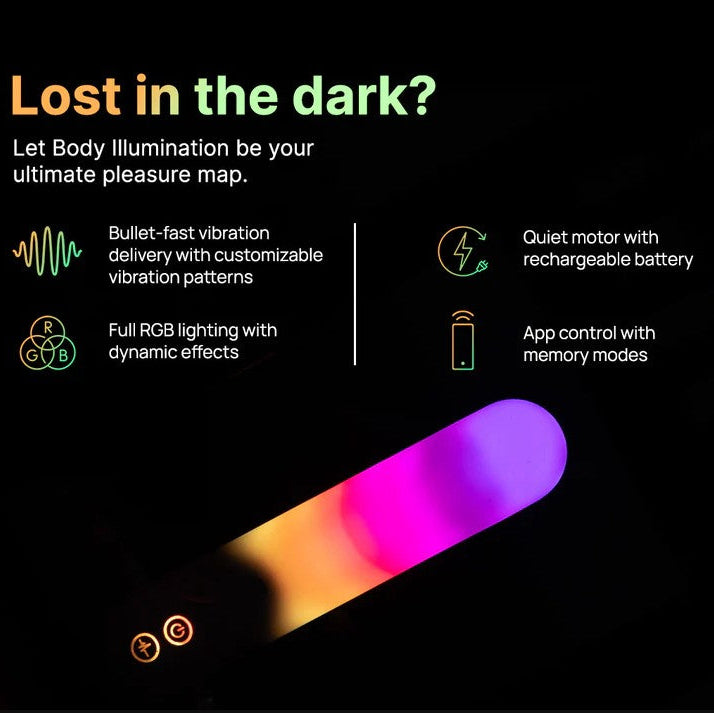 White Illumination Bullet LED vibrator glowing with vibrant pink, purple, and orange light.