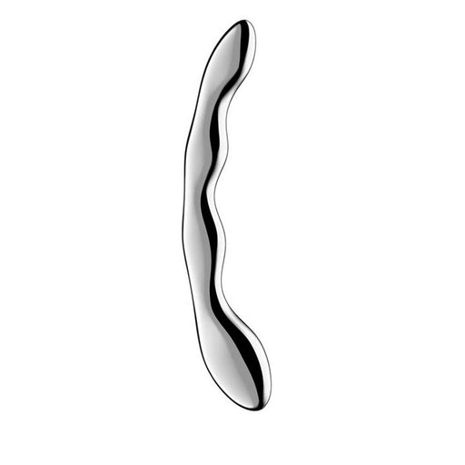 The Satisfyer Cosmic Crest 2 is a sleek, silver, curved stainless steel dildo with a wavy shape for G-spot stimulation, displayed against a plain white background.