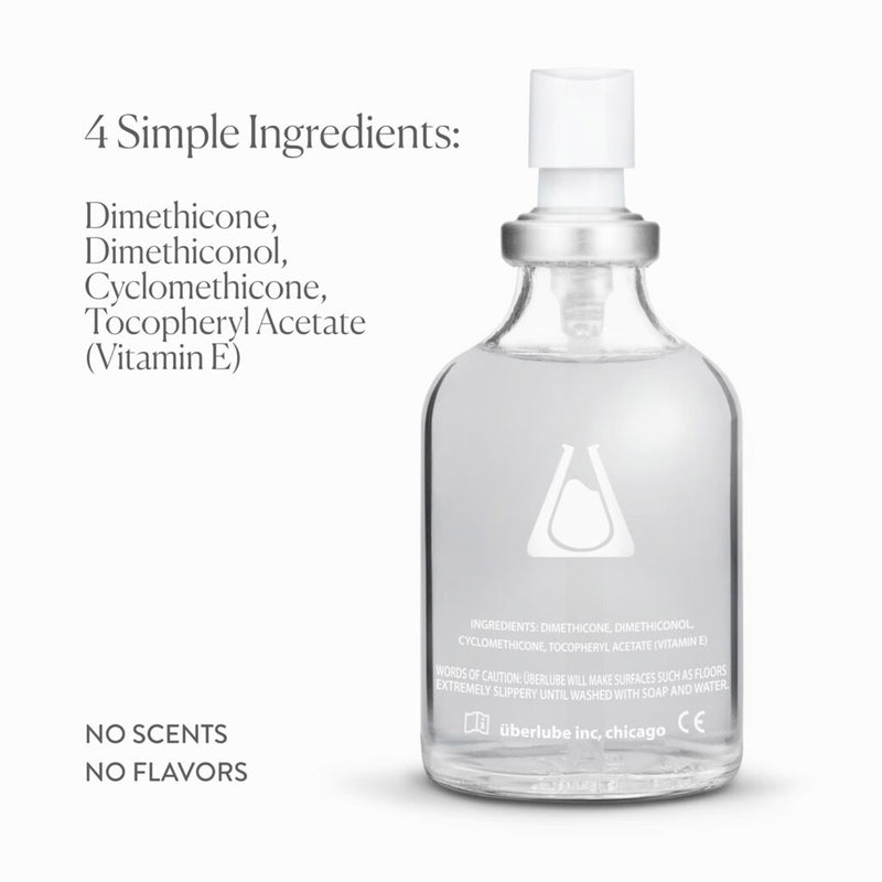 UberLube Premium Silicone Lubricant 50 ml comes in a clear glass bottle with a pump dispenser. It contains just four ingredients: Dimethicone, Dimethiconol, Cyclomethicone, and Tocopheryl Acetate (Vitamin E). No scents or flavors.