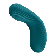 Teal, curved silicone vibrator with a textured, ridged top and control buttons on the side.