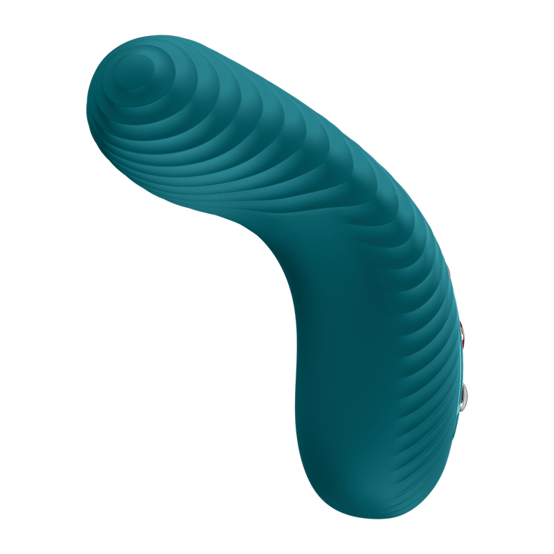 Teal, curved silicone vibrator with a textured, ridged top and control buttons on the side.