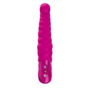Pink flexible silicone vibrator with a curved tip, rippled texture, and control panel.