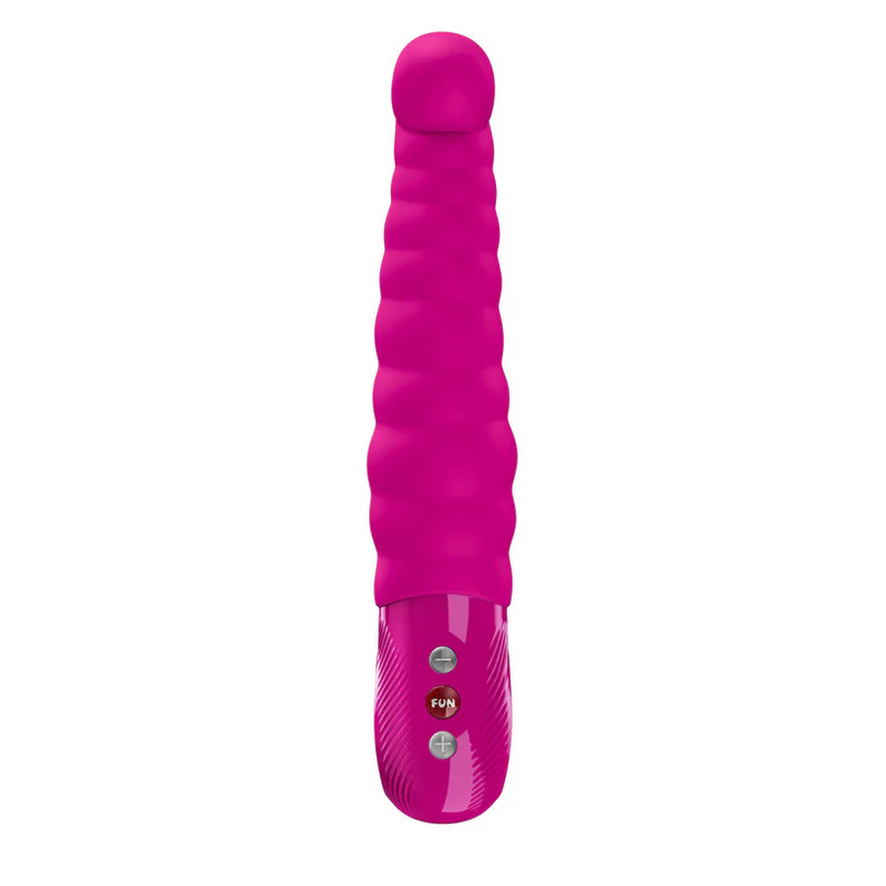 Pink flexible silicone vibrator with a curved tip, rippled texture, and control panel.