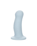 A pale blue, CalExotics Wave Rider Foam Short, Girthy 4.75 Inch Liquid Silicone Dildo with a wavy texture and a powerful suction cup base, designed for ergonomic handling and displayed against a plain white background.
