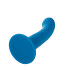 A blue Wave Rider Ripple First Time G-Spot and Prostate Silicone Dildo with a wavy texture on the handle, isolated on a white background by CalExotics.