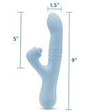 The image shows a light blue silicone Devin Clit Thumping G-Spot Rabbit with Shaft Rotation with a measurement scale indicating its dimensions: the total height is 9 inches; the upper branch, which curves for G-spot sensations, is 5 inches.