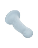 A light blue CalExotics Wave Rider Foam Short, Girthy 4.75 Inch Liquid Silicone Dildo resembling a mushroom, viewed on a plain white background. The handle has a wave pattern for grip and is strap-on harness compatible.