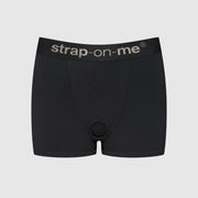 Black microfiber boxer-style harness with a high-waisted cut, elastic waistband, and discreet silicone ring.