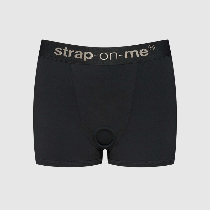 Black microfiber boxer-style harness with a high-waisted cut, elastic waistband, and discreet silicone ring.