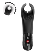 Black silicone Fun Factory Manta vibrating penis stroker with open-wing design and red control buttons.