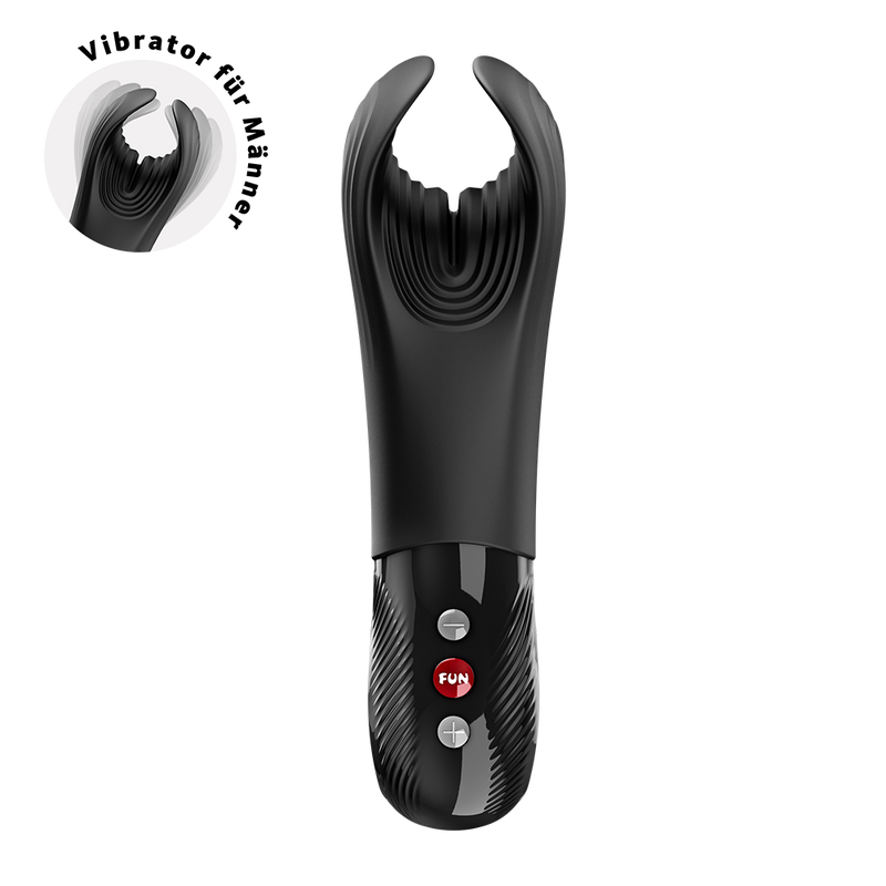 Black silicone Fun Factory Manta vibrating penis stroker with open-wing design and red control buttons.