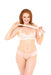 A smiling woman with long red hair poses in sheer white lingerie, holding the Peaches 'n Cream Flogger in both hands, standing against a plain white background.