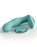Turquoise, ergonomically shaped Jimmyjane Pulsus Hands-Free G-Spot Fingering Vibrator with Remote - Teal with a rounded handle and a remote control positioned on a white surface.