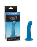 Packaging and product display of the CalExotics Wave Rider Ripple First Time G-Spot and Prostate Silicone Dildo, a blue liquid silicone suction cup harness-compatible dildo, shown beside its open box.