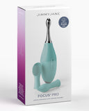 A Pipedream Products box for Jimmyjane Focus Pro Pinpoint Tip Clitoral Vibrator with 2 Head Attachments, a waterproof, sonic vibrating massager made of silicone with silicone head attachments, displayed against a white background. The device is teal with massage