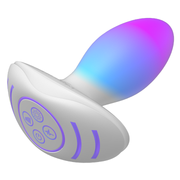 White silicone butt plug with a glowing, multi-color LED tip and purple illuminated control buttons.