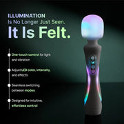 Sleek black Illumination Wand vibrator with a glowing, color-shifting LED head and handle.