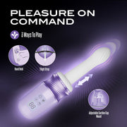 Purple Violet Vixen warming thrusting vibrator with digital display, suction mount, and handheld/thigh strap options.