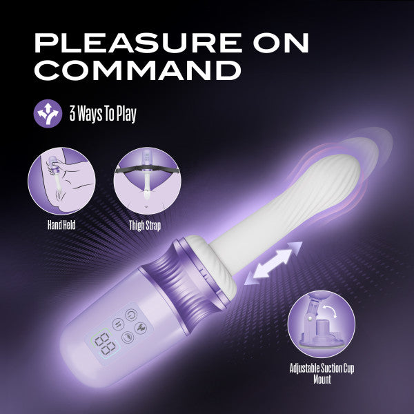 Purple Violet Vixen warming thrusting vibrator with digital display, suction mount, and handheld/thigh strap options.