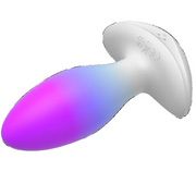 White silicone butt plug with a glowing purple and blue LED tip and flared base.