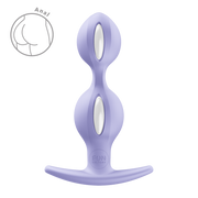 Lavender silicone butt plug with two bulbous sections, white accents, and a flared T-bar base.