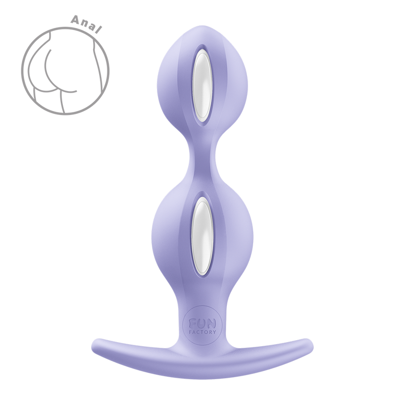 Lavender silicone butt plug with two bulbous sections, white accents, and a flared T-bar base.