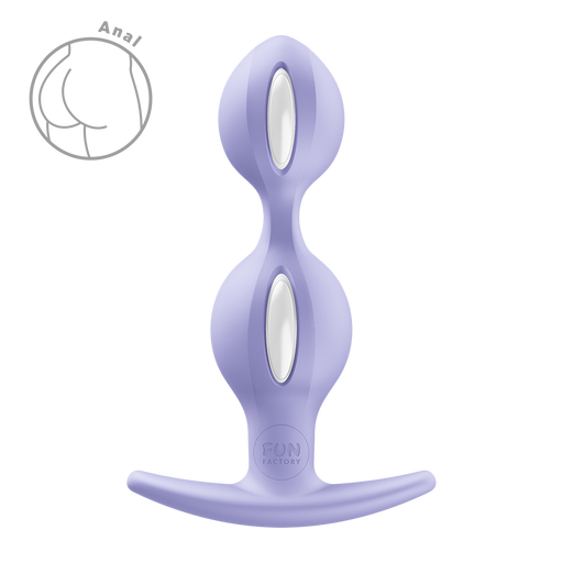 Lavender silicone butt plug with two bulbous sections, white accents, and a flared T-bar base.