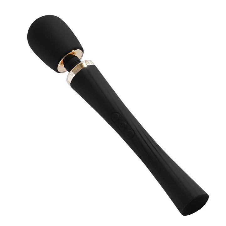 Black silicone wand vibrator with a rounded head, gold accents, and control buttons on the handle.