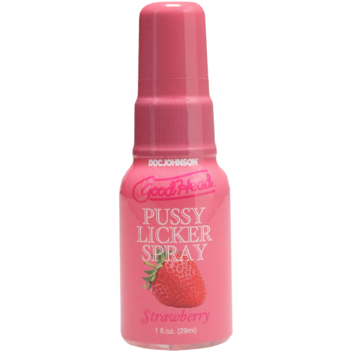 A pink bottle of GoodHead Pussy Licker Spray Strawberry (1 fl. oz.) features a strawberry illustration, has a lickable strawberry flavor, and uses a water-based formula.