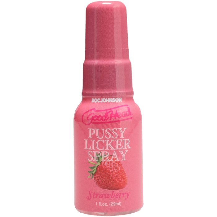 A pink bottle of GoodHead Pussy Licker Spray Strawberry (1 fl. oz.) features a strawberry illustration, has a lickable strawberry flavor, and uses a water-based formula.