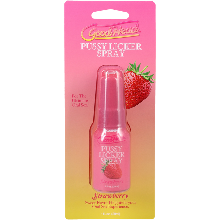 GoodHead Pussy Licker Spray Strawberry comes in a pink bottle with a strawberry image, set against a pink and yellow background. The packaging highlights its water-based formula designed for oral sex.