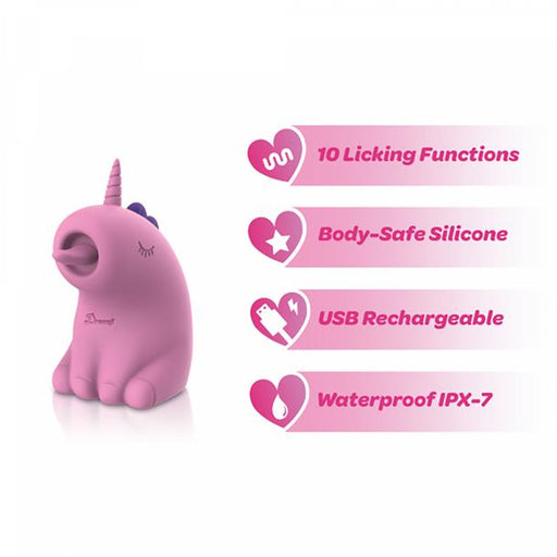 The Dreamy Licks – The Whimsical Unicorn Tongue Vibrator features 10 licking functions, is made from body-safe silicone, is USB rechargeable, and waterproof (IPX-7). Enjoy magical sensations with this playful pink unicorn vibrator.