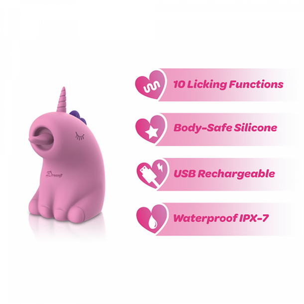 The Dreamy Licks – The Whimsical Unicorn Tongue Vibrator features 10 licking functions, is made from body-safe silicone, is USB rechargeable, and waterproof (IPX-7). Enjoy magical sensations with this playful pink unicorn vibrator.