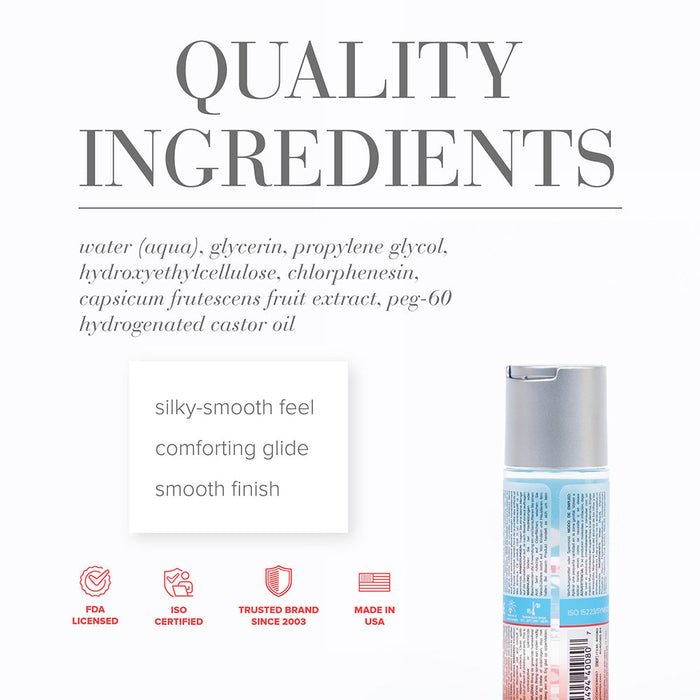 Product image shows "Quality Ingredients" above the Jo H2O Warming Water Based Lubricant ingredient list. Silky-smooth feel, comforting glide, and smooth finish highlight this body-safe formula. FDA licensed, ISO certified, Made in USA icons included.