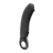 Black silicone Mr. Boss G-spot vibrator with a curved shaft, realistic design, and carbon fiber textured base.