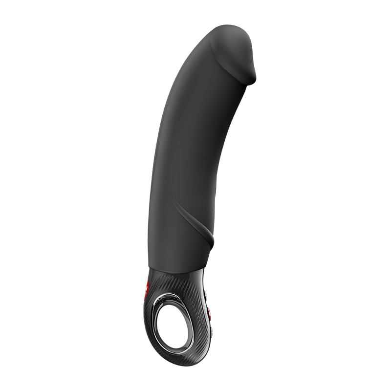 Black silicone Mr. Boss G-spot vibrator with a curved shaft, realistic design, and carbon fiber textured base.