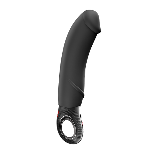 Black silicone Mr. Boss G-spot vibrator with a curved shaft, realistic design, and carbon fiber textured base.