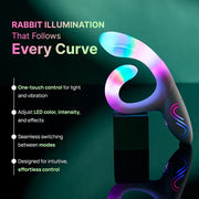 White rabbit vibrator with a curved, glowing, multi-color LED shaft and stimulator, on a black block.