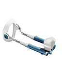 Adjustable aluminum crutches with blue comfort grips and white tips, isolated on a white background by Male Edge.