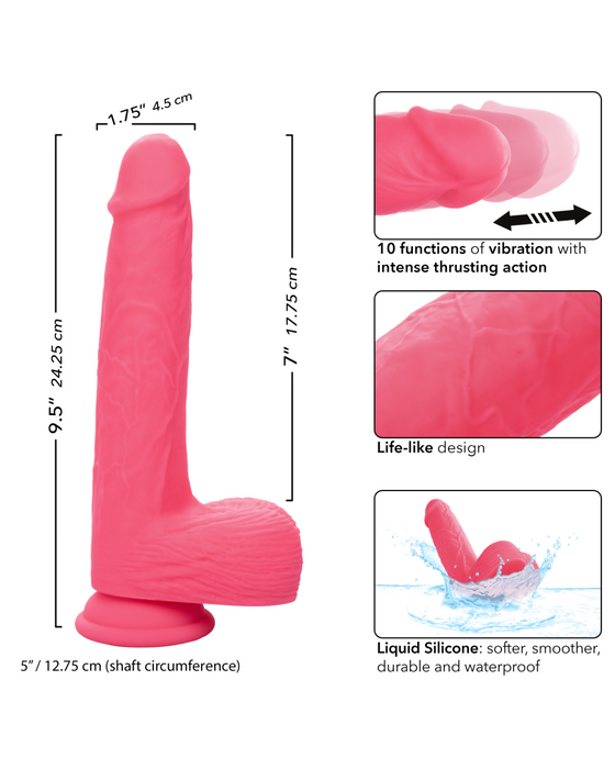 An image of the CalExotics Silicone Stud Rumbling & Thrusting 9.5 Inch Pink Dildo is shown with measurements and features labeled. It is 9.5 inches long and 1.75 inches in diameter, boasting a life-like design, 10 vibration functions, and intense thrusting action. Made from waterproof, silky silicone, this vibrating dildo also features a strong suction cup base for added versatility.