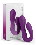 Image of a purple Pipedream Products Jimmyjane Reflexx Rabbit 1 G-Spot & Clit Hugging Warming Vibrator positioned next to its packaging box, which features the product name and logo.