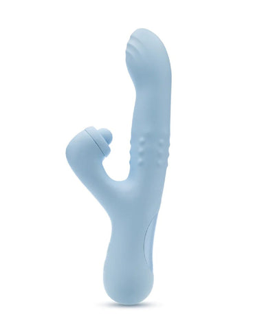 An ergonomic, blue Devin Clit Thumping G-Spot Rabbit with Shaft Rotation vibrator with a dual-stimulation design for G-spot sensations and clitoral massaging on a white background.
