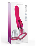 Product packaging for Pipedream Products' "Jimmyjane Apex Double Ended Licking, Sucking G-Spot Vibrator - Pink," a pink sex toy featuring suction, heating, vibrating, and g-spot stimulation capabilities, displayed in a clear case against a white and fuchsia box.