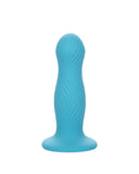 A blue Wave Rider Swell Short, Girthy 5 Inch Liquid Silicone Dildo with a wavy texture and a suction cup base, isolated on a white background by CalExotics.